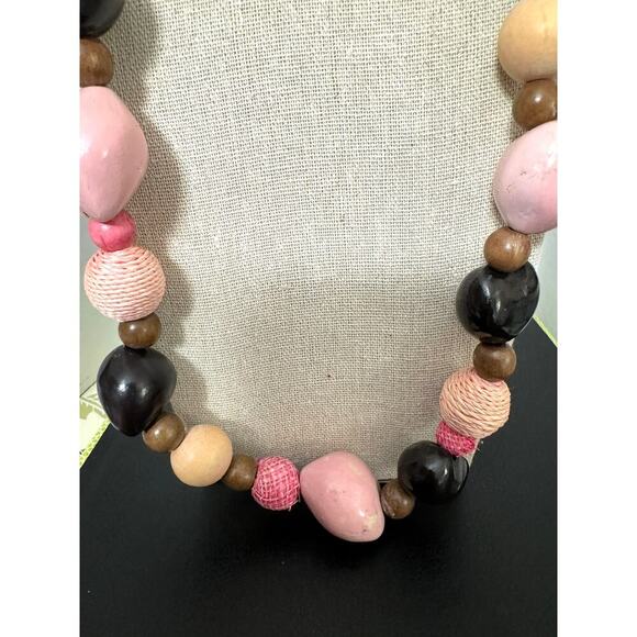 Vintage Handmade Bulky Necklace, Pink, Brown, Tan Large Wood Beads, Nuts - Picture 1 of 10